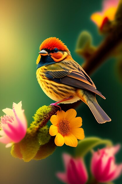 A bird with a yellow head and red feathers sits on a branch with a flower in the background.