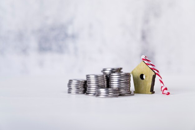 Birdhouse ornaments with stack of coins on white surface