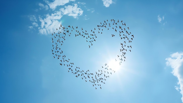 Free photo birds fly heart shaped on blue sky ai generated