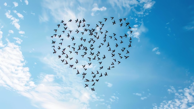 Free photo birds fly heart shaped on blue sky ai generated