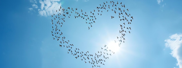 Free photo birds fly heart shaped on blue sky ai generated