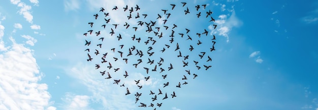 Free Photo birds fly heart shaped on blue sky ai generated