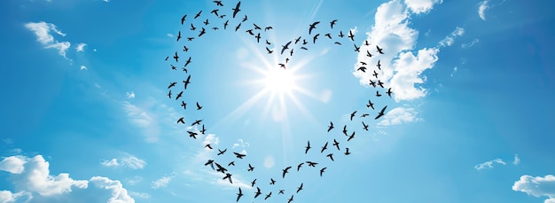 Free photo birds fly heart shaped on blue sky ai generated