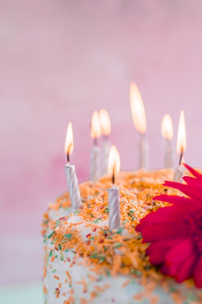 Birthday cake in front of watercolor background