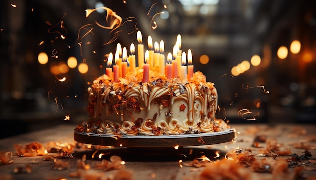 Free photo birthday cake with candles chocolate icing and glowing candlelight generated by artificial intelligence