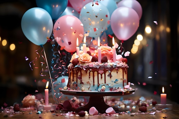 Free photo a birthday cake with candles and confetti sitting on top of a table