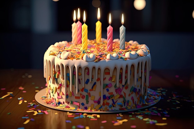 Birthday cake with colored candles on wooden table and black background Ai generative