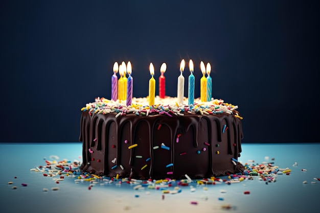 Birthday chocolate cake with colored candles on blue background Ai generative