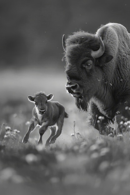 Free photo bison in nature black and white