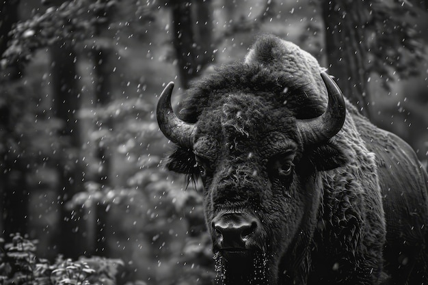 Bison in nature black and white