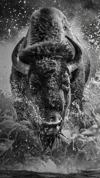 Free photo bison in nature black and white