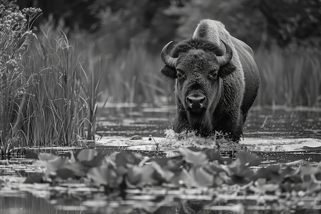 Bison in nature black and white