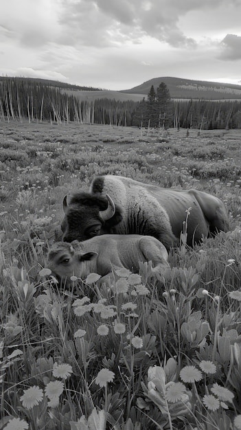 Free Photo bison in nature black and white