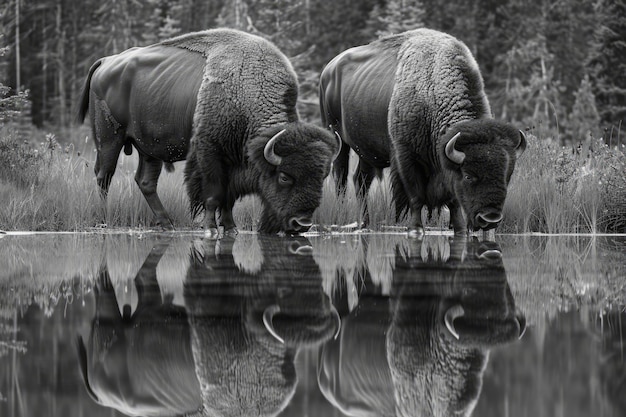 Free photo bison in nature black and white