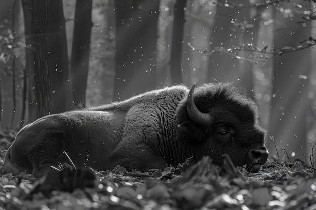 Bison in nature black and white