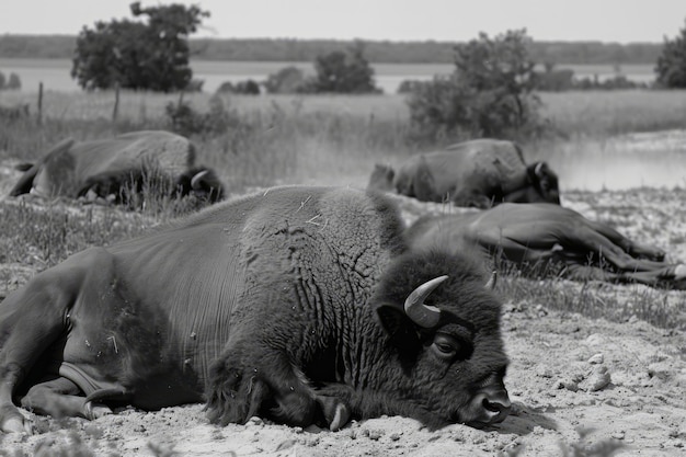 Free Photo bison in nature black and white