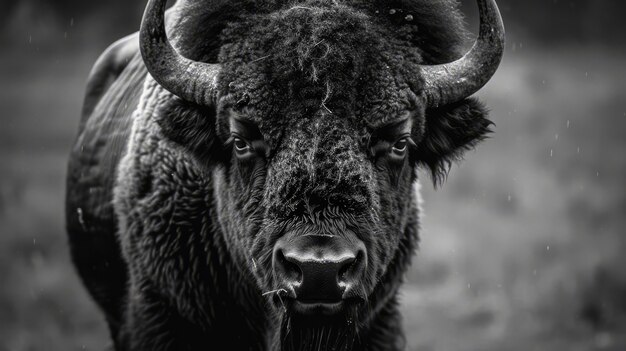 Bison in nature black and white