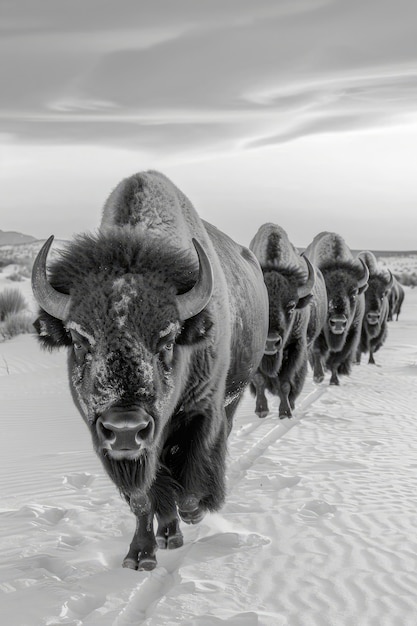 Bison in nature black and white