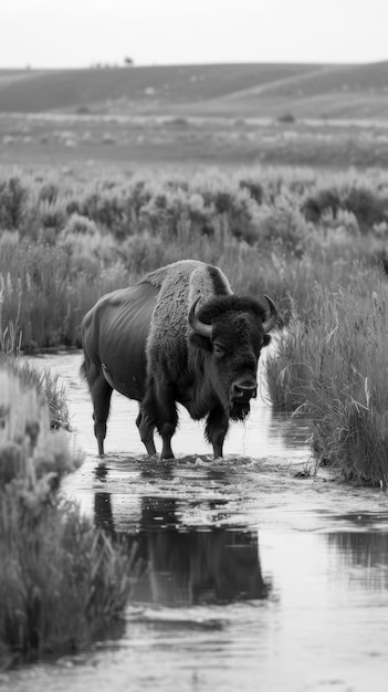 Free Photo bison outdoors in black and white