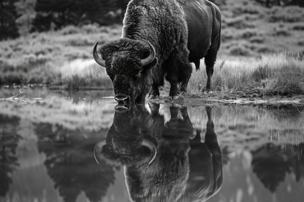 Free photo bison outdoors in black and white