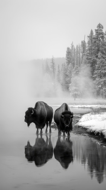 Free photo bison outdoors in black and white