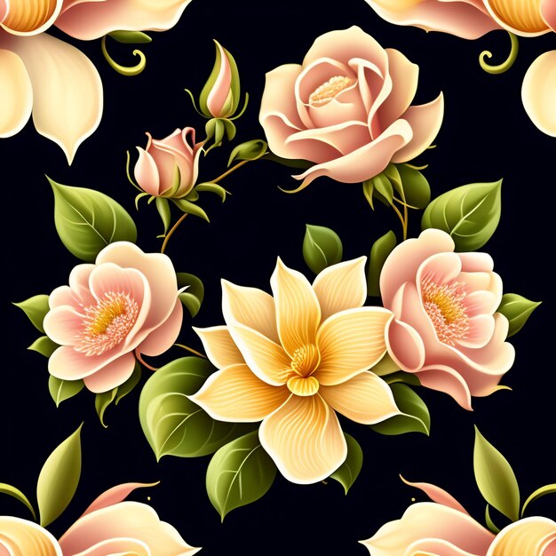 A black background with a pattern of flowers and leaves that say's