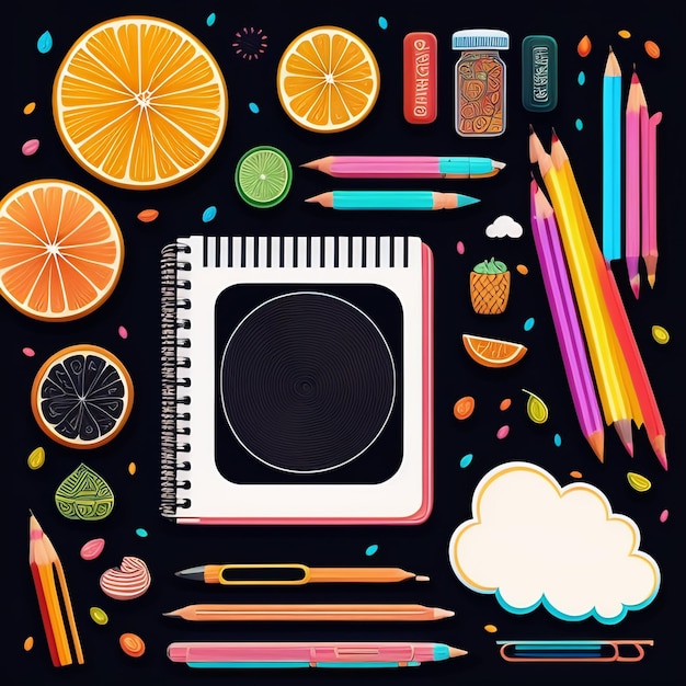 Free photo a black background with a spiral notebook and a drawing of fruits and vegetables.