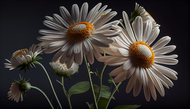 A black background with white daisies and a green stem