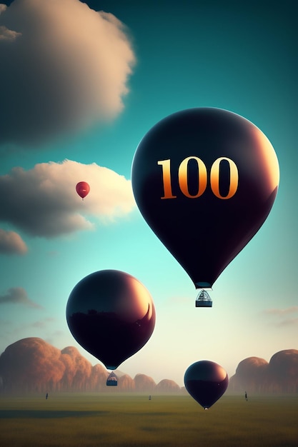 Free photo a black balloon with the number 100 on it is flying in the sky.