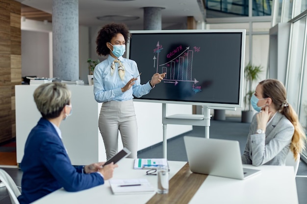 Free Photo black businesswoman with protective face mask giving a presentation in the office