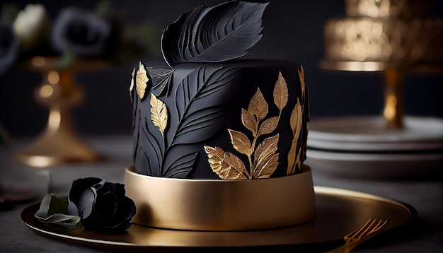 Free photo a black cake with gold leaves and a black topper