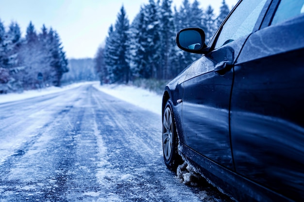 Free photo black car on an iced road surrounded by trees covered with snow