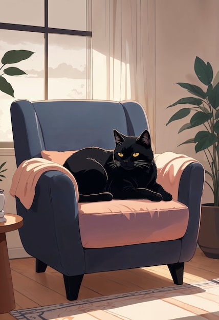 Free Photo black cat sitting in arm chair