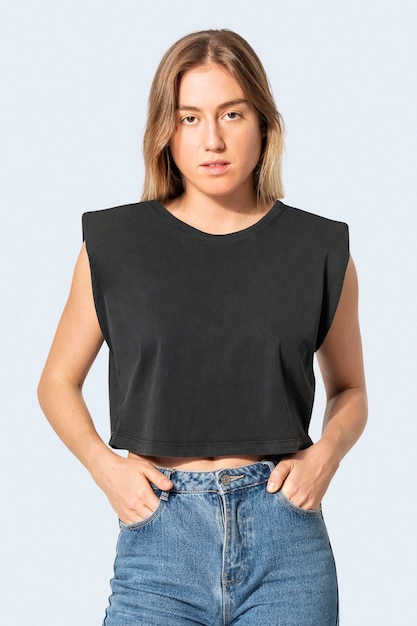 Free photo black cropped tank top with design space women's street apparel