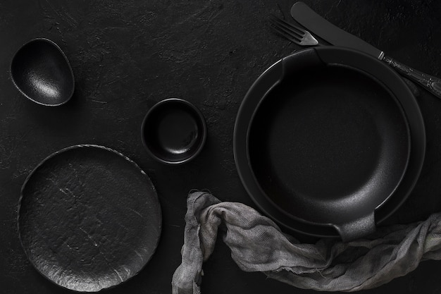 Black empty tableware top view