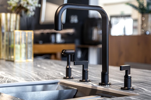 Black faucet with a steel sink in a stylish modern kitchen