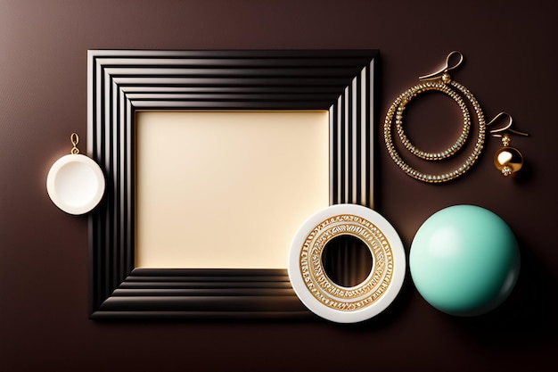 A black frame with gold rings and a gold ring on it