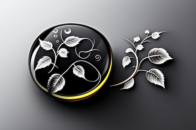 Free photo a black glass bowl with white flowers and leaves on it.