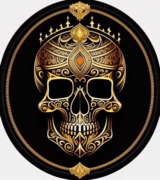 A black and gold round plate with a skull on it.