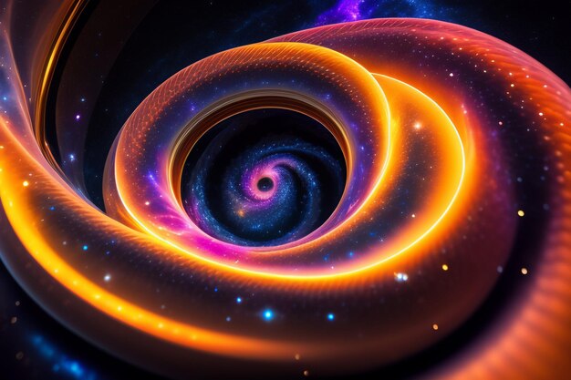 A black hole with a purple and yellow swirl in the center.