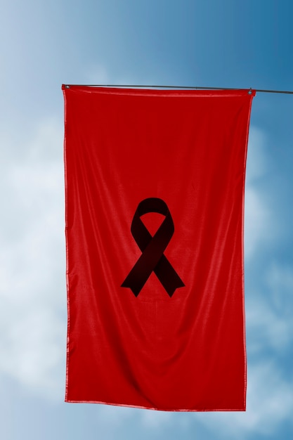 Black mourning ribbon with red flag