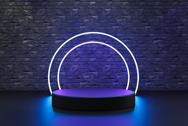 Black neon led light podium empty pedestal product display scene for product placement 3d abstract background