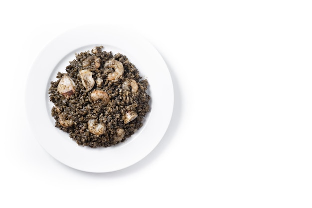 Free photo black rice with seafood isolated on white background