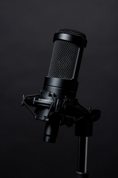 Free photo black standing microphone in studio