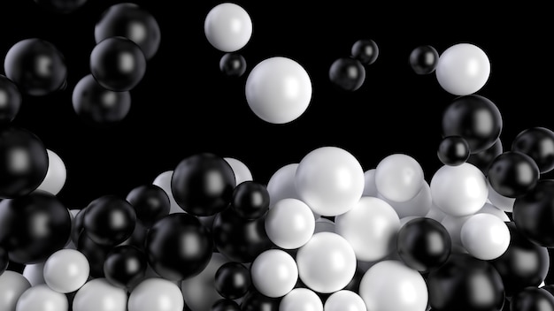 Free photo black and white balls fall into a pool or screen on a black background. spheres fill the volume. 3d render.