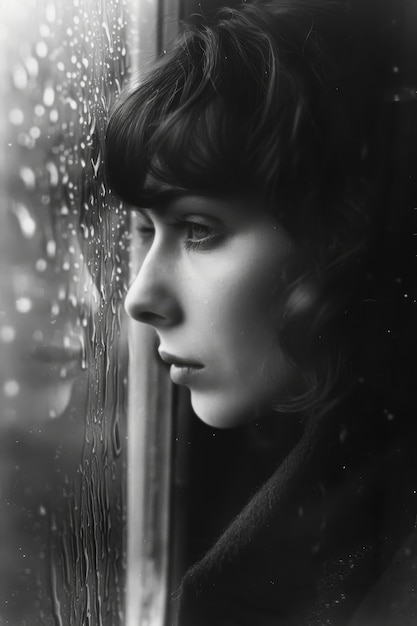 Free Photo black and white image of sad woman