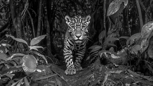 Free Photo black and white jaguar in nature