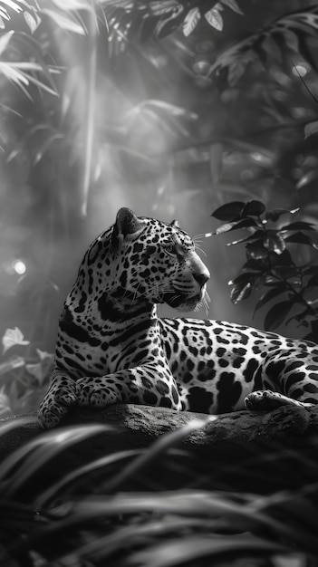 Free Photo black and white jaguar in nature