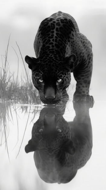 Free Photo black and white jaguar in nature