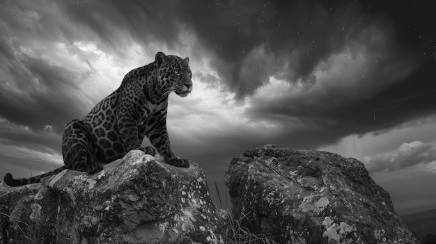 Free Photo black and white jaguar in nature